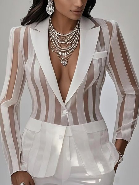 Plus Size Elegant Striped Lapel Collar Blazer, White, Plus Outerwear
Plus Size Elegant Striped Lapel Collar Blazer, White, Plus Outerwear