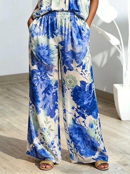 Urban Floral Printing Wide Leg Pants, Blue, Pants
Urban Floral Printing Wide Leg Pants, Blue, Pants