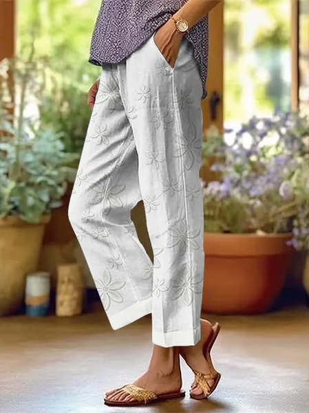 Women Floral Long Pants Casual Spring/Fall Trousers, White, Pants
Women Floral Long Pants Casual Spring/Fall Trousers, White, Pants