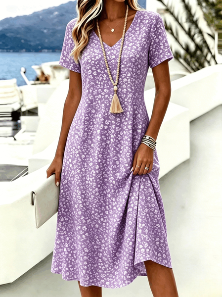 Women Floral Summer Dress V Neck Short Sleeve A-Line Dress, Purple, Dresses
Women Floral Summer Dress V Neck Short Sleeve A-Line Dress, Purple, Dresses