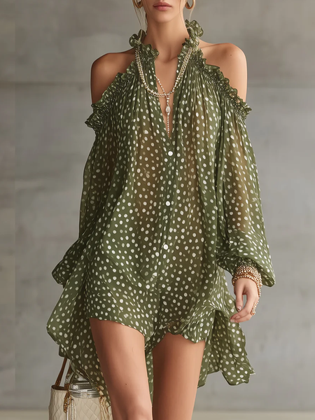Casual Polka Dots Printing Shirt Collar Mini Dress, Green, Mini Dresses
Casual Polka Dots Printing Shirt Collar Mini Dress, Green, Mini Dresses