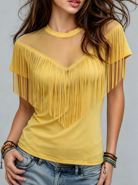 Casual Plain Tassel Crew Neck T-shirt, Yellow, Tees
Casual Plain Tassel Crew Neck T-shirt, Yellow, Tees