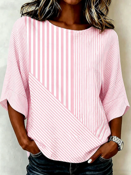 Crew Neck Half Sleeve Striped Printing Regular Micro-Elasticity Regular Fit Blouse For Women, Pink, Blouses