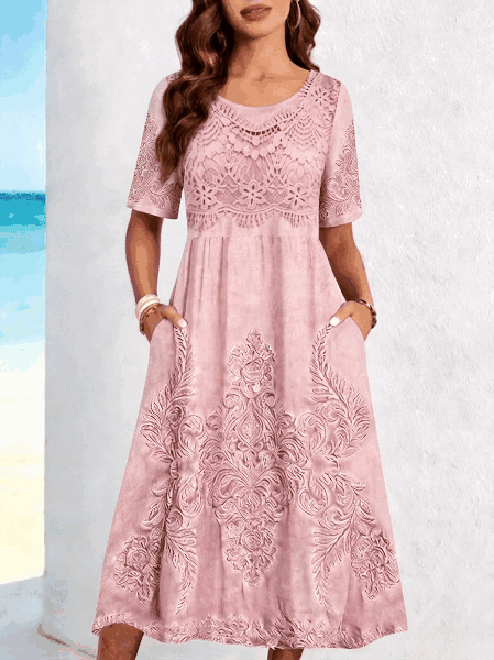 Women Floral Summer Dress Crew Neck Half Sleeve Shirt Dress A-Line Dress, Light pink, Dresses