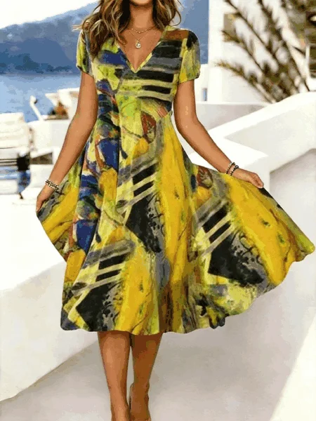 Women Random Print Summer Dress V Neck Short Sleeve A-Line Dress, Yellow, Dresses
Women Random Print Summer Dress V Neck Short Sleeve A-Line Dress, Yellow, Dresses