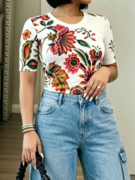 Casual Floral Crew Neck T-shirt, As picture, Tees
Casual Floral Crew Neck T-shirt, As picture, Tees