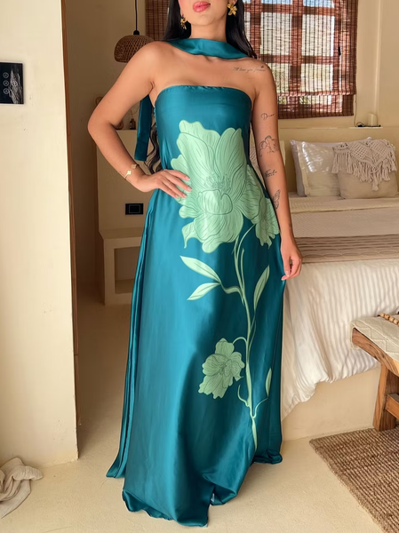 Elegant Floral Printing Strapless Maxi Dress, Blue, Maxi Dresses
Elegant Floral Printing Strapless Maxi Dress, Blue, Maxi Dresses