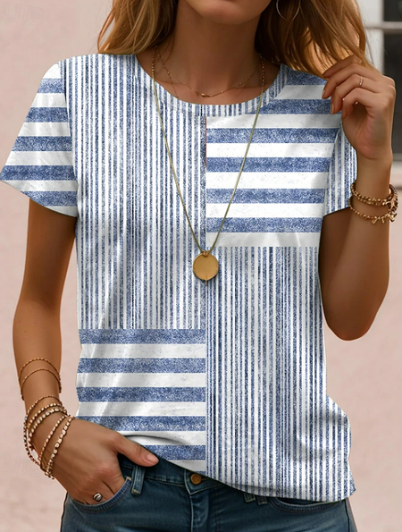 Casual Striped Crew Neck Short Sleeve T-shirt, Stripe-blue, T-shirts
Casual Striped Crew Neck Short Sleeve T-shirt, Stripe-blue, T-shirts