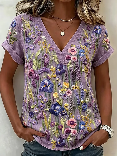 Vintage Floral V Neck Short Sleeve T-shirt, Purple, T-shirts
Vintage Floral V Neck Short Sleeve T-shirt, Purple, T-shirts