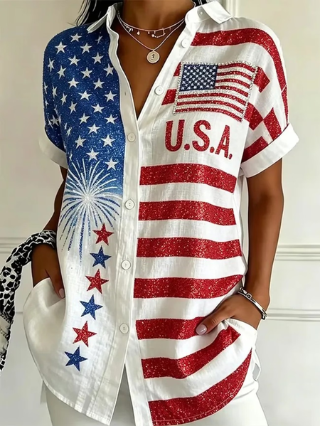 Shirt Collar Short Sleeve Independence Day (Flag) Printing Regular Micro-Elasticity Loose Button Up Shirt Shirt For Women, White, Shirts
Shirt Collar Short Sleeve Independence Day (Flag) Printing Regular Micro-Elasticity Loose Button Up Shirt Shirt For Women, White, Shirts