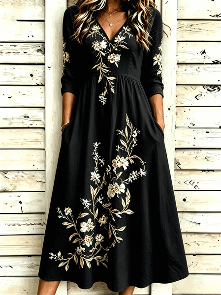 Women Floral Spring/Fall Dress V Neck Three Quarter Sleeve A-Line Dress, Black, Dresses
Women Floral Spring/Fall Dress V Neck Three Quarter Sleeve A-Line Dress, Black, Dresses
