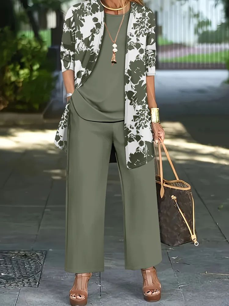 Women Floral Printing Matching Outfit Daily Long Sleeve Casual Spring/Fall Multi-Piece Set Matching Set, Green, Sets