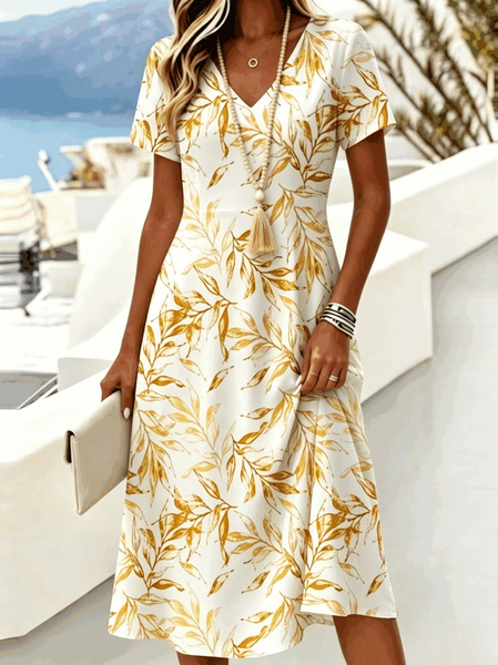 Women Leaf Summer Dress V Neck Short Sleeve A-Line Dress, Yellow, Dresses
Women Leaf Summer Dress V Neck Short Sleeve A-Line Dress, Yellow, Dresses