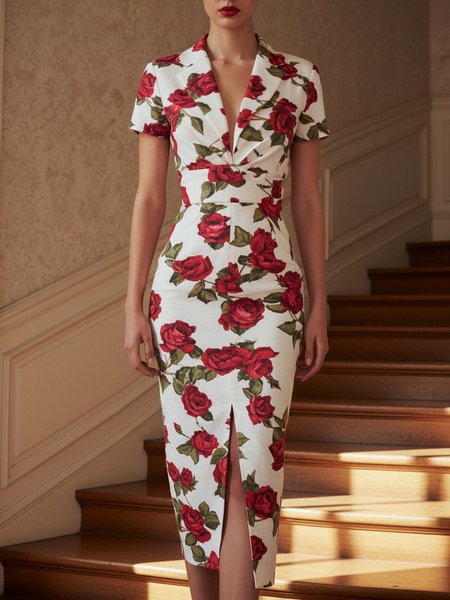 Party Floral Lapel Collar Midi Dress, Red, Midi Dresses
Party Floral Lapel Collar Midi Dress, Red, Midi Dresses