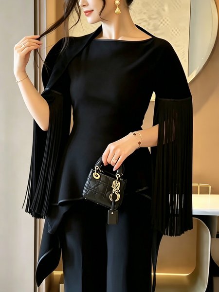 Elegant Plain Tassel Boat Neck Blouse, Black, Blouses and Shirts
Elegant Plain Tassel Boat Neck Blouse, Black, Blouses and Shirts
