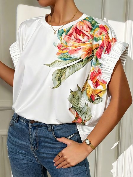 Casual Floral Crew Neck T-shirt, White, Tees
Casual Floral Crew Neck T-shirt, White, Tees