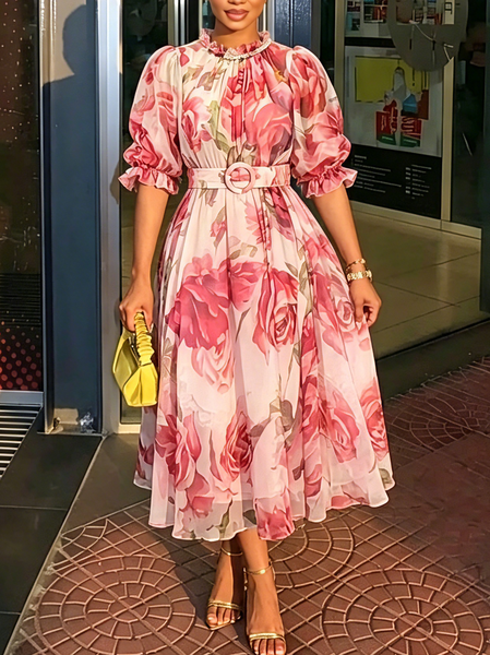 Elegant Floral Printing Lotus Leaf Collar Maxi Dress With Belt, Pink, Midi Dresses
Elegant Floral Printing Lotus Leaf Collar Maxi Dress With Belt, Pink, Midi Dresses
