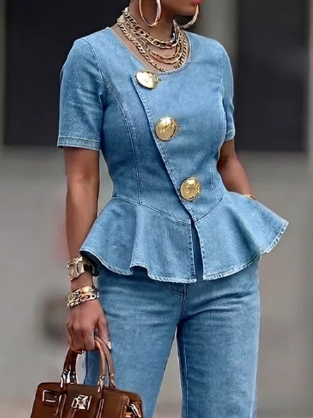 Urban Plain Button Detail Crew Neck Denim Top, Denim blue, Tops
Urban Plain Button Detail Crew Neck Denim Top, Denim blue, Tops