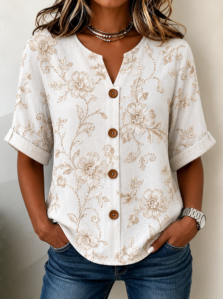 Stand Collar Three Quarter Sleeve Floral Regular Loose Shirt For Women, White, Shirts
Stand Collar Three Quarter Sleeve Floral Regular Loose Shirt For Women, White, Shirts