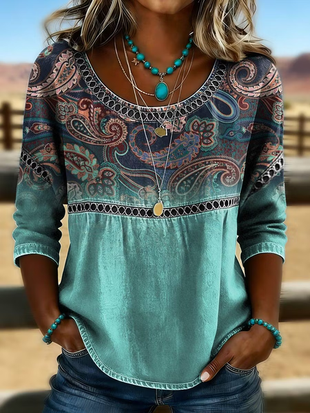 Crew Neck Half Sleeve Paisley Printing Regular Micro-Elasticity Loose Blouse For Women, Cyan, Blouses
Crew Neck Half Sleeve Paisley Printing Regular Micro-Elasticity Loose Blouse For Women, Cyan, Blouses