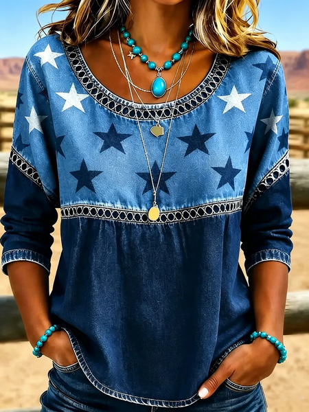 Crew Neck Half Sleeve Star Printing Regular Micro-Elasticity Loose Blouse For Women, Blue, Blouses
Crew Neck Half Sleeve Star Printing Regular Micro-Elasticity Loose Blouse For Women, Blue, Blouses
