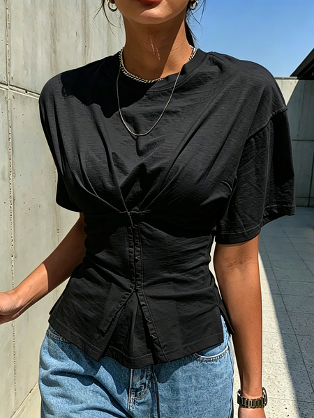 Casual Plain Button Detail T-shirt, Black, Tees
Casual Plain Button Detail T-shirt, Black, Tees