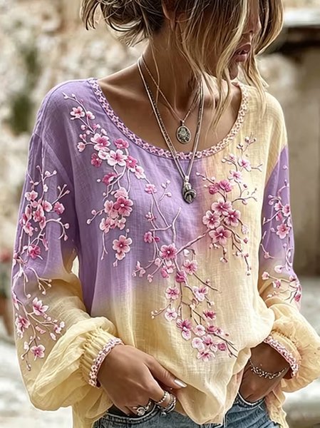 Crew Neck Long Sleeve Floral Lightweight Micro-Elasticity Loose Blouse For Women, Purple, Blouses
Crew Neck Long Sleeve Floral Lightweight Micro-Elasticity Loose Blouse For Women, Purple, Blouses