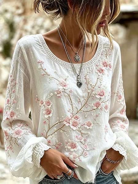 Crew Neck Long Sleeve Floral Lightweight Micro-Elasticity Loose Blouse For Women, White, Blouses
Crew Neck Long Sleeve Floral Lightweight Micro-Elasticity Loose Blouse For Women, White, Blouses