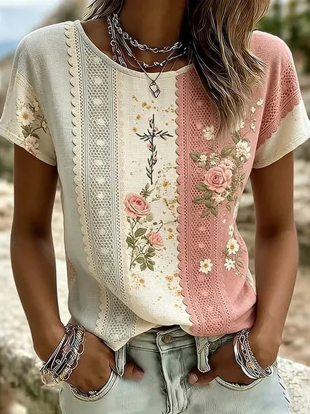 Casual Floral Crew Neck Short Sleeve T-shirt, Pink, T-shirts
Casual Floral Crew Neck Short Sleeve T-shirt, Pink, T-shirts