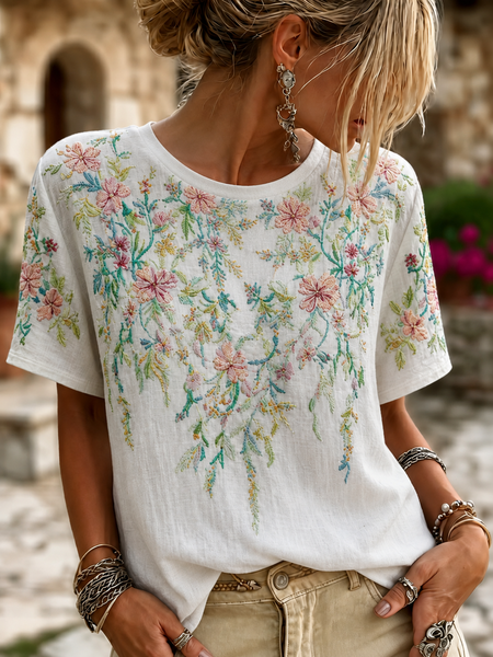 Casual Floral Crew Neck Short Sleeve T-shirt, White, T-shirts
Casual Floral Crew Neck Short Sleeve T-shirt, White, T-shirts