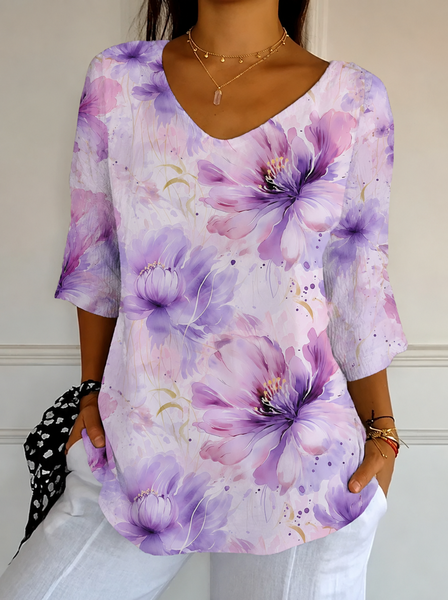 Casual Floral V Neck Short Sleeve T-shirt, Purple, T-shirts
Casual Floral V Neck Short Sleeve T-shirt, Purple, T-shirts