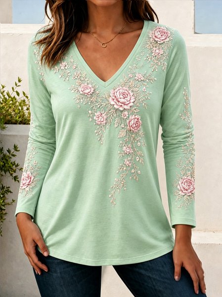 Casual Floral V Neck Long Sleeve T-shirt, Lightgreen, T-shirts
Casual Floral V Neck Long Sleeve T-shirt, Lightgreen, T-shirts