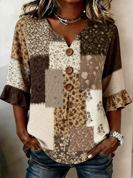 V Neck Half Sleeve Floral Printing Regular Micro-Elasticity Regular Fit Blouse For Women, Brown, Blouses
V Neck Half Sleeve Floral Printing Regular Micro-Elasticity Regular Fit Blouse For Women, Brown, Blouses