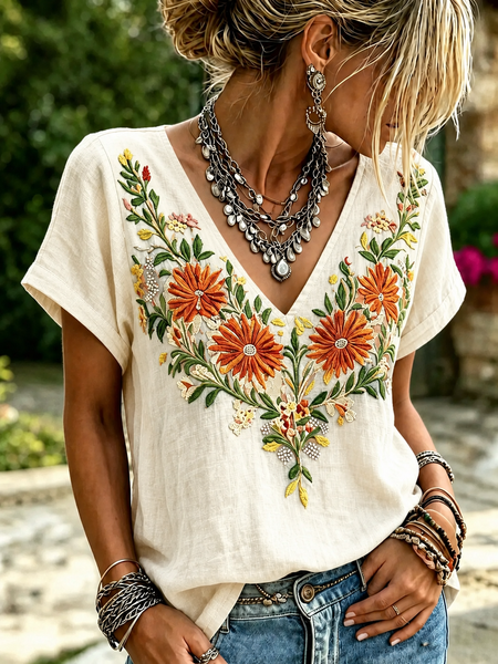 Women Floral Short Sleeve Tee T-shirt V Neck Vintage Summer Top, White, T-Shirts
Women Floral Short Sleeve Tee T-shirt V Neck Vintage Summer Top, White, T-Shirts