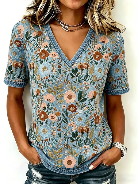 Vintage Floral V Neck Short Sleeve T-shirt, Blue, T-shirts
Vintage Floral V Neck Short Sleeve T-shirt, Blue, T-shirts