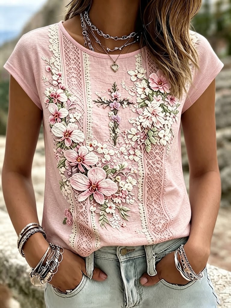 Casual Floral Crew Neck Short Sleeve T-shirt, Pink, T-shirts
Casual Floral Crew Neck Short Sleeve T-shirt, Pink, T-shirts
