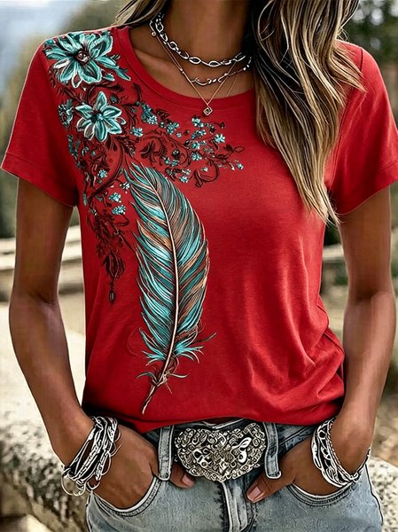 Casual Floral Crew Neck Short Sleeve T-shirt, Red, T-shirts
Casual Floral Crew Neck Short Sleeve T-shirt, Red, T-shirts
