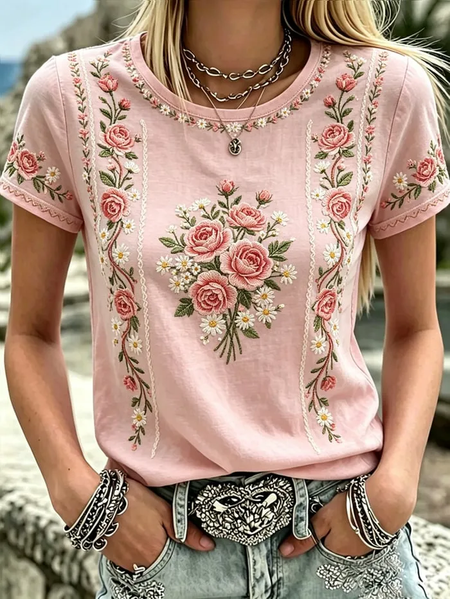 Casual Floral Crew Neck Short Sleeve T-shirt, Pink, T-shirts
Casual Floral Crew Neck Short Sleeve T-shirt, Pink, T-shirts