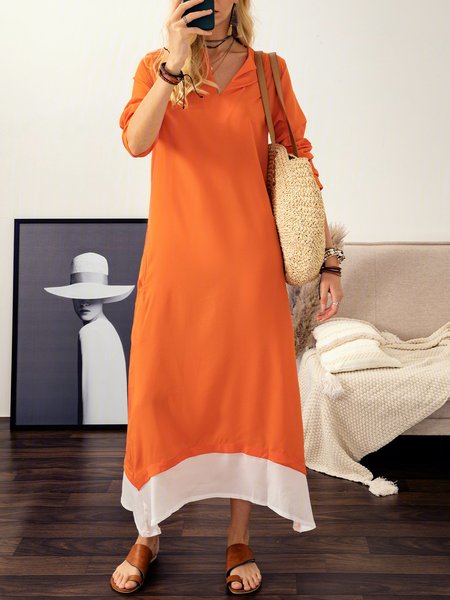 A-line Women Elegant Long Sleeve Paneled Solid Spring Dress, Orange, Casual Dresses