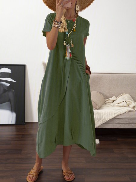 

Summer Linen Pockets Pleated Swing Solid Weaving Dress, Army green, Casual Dresses
