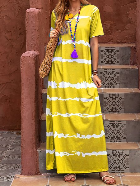 Women Dress Tie-Dye Print V-Neck Shift Casual Weaving Dress, Yellow, Casual Dresses
