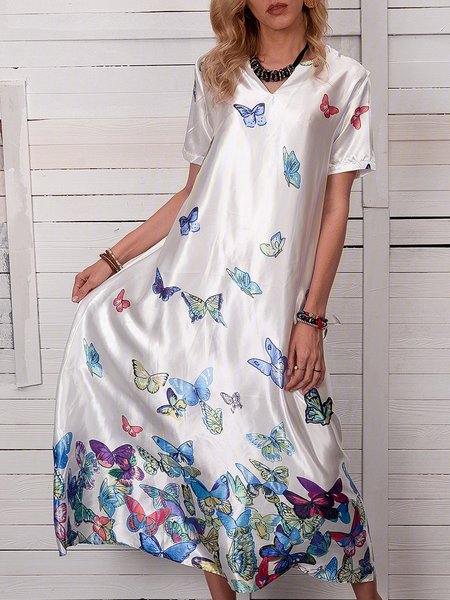 Women Butterfly Caftan V-Neck Holiday Maxi Dresses, White, Casual Dresses