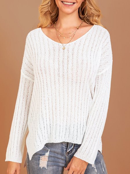 White Long Sleeve V Neck Knitted Sweater, Pullovers
