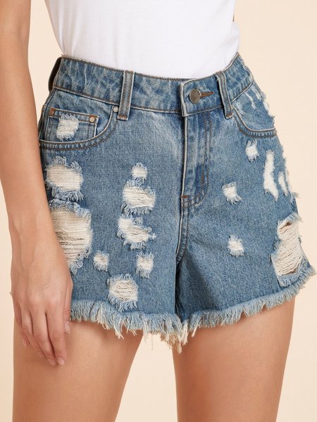Denim Blue Casual Pockets Denim Jeans, Shorts