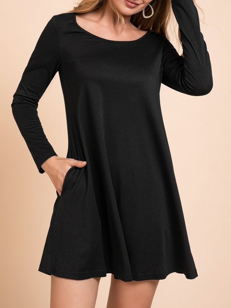 Black Long Sleeve Cotton-Blend Bateau/boat Neck Dresses, Mini Dresses