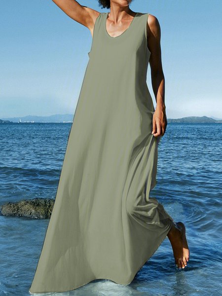 Women Summer Plus Size Sleeveless U-Neck Linen Maxi Knitting Dress, Army green, Maxi Dresses