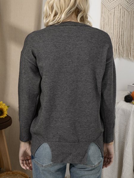 Casual Solid Crew Neck Sweater, Gray, Sweaters & Cardigans