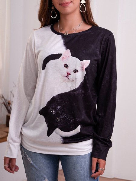 White-Black Shift Casual Printed Cat Crew Neck T-shirt, Auto-clearance