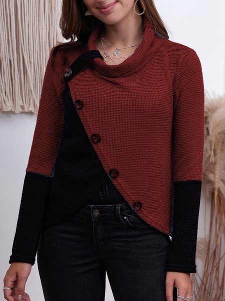 Felpa Colore-block Abbottonato a Dolcevita a Maniche Lunghe Casuale, Rosso, Knitwear