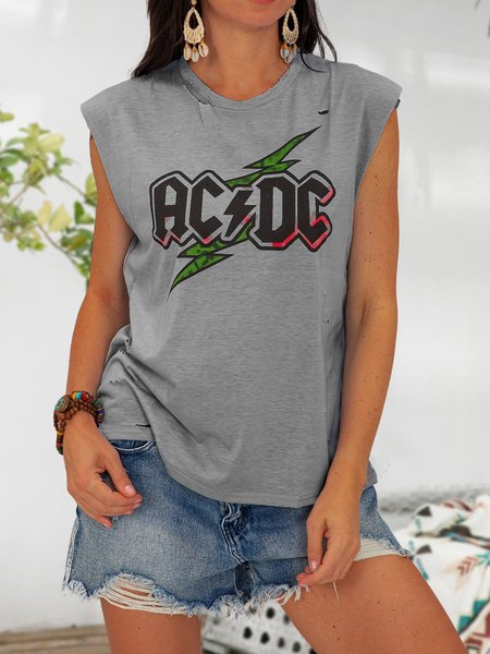Hole T-shirt Crew Neck Sleeveless Shirts, Gray, Tanks & Camis